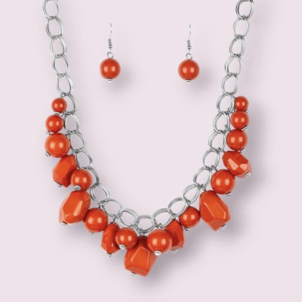 Vintage Paparazzi Vibrant Orange Necklace and Earring Set